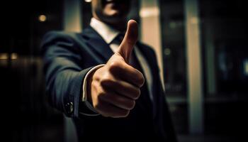 The successful businessman shows confidence with a thumbs up gesture generated by AI photo