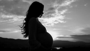 embarazada mujer en pie en naturaleza, abrazando nuevo vida con amor generado por ai foto