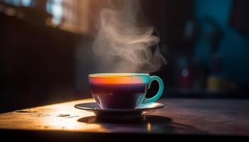 caliente café vapor sube desde madera mesa en oscuro habitación generado por ai foto