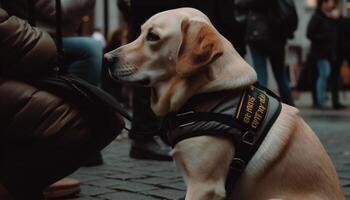 Purebred retriever waiting on leash, looking cute for city life generated by AI photo