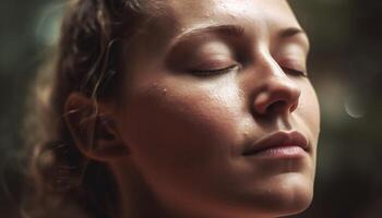 Young woman smiling, eyes closed, feeling the rain sensuality generated by AI photo