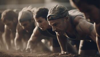 Muscular men practicing push ups in gym for competitive sports training generated by AI photo