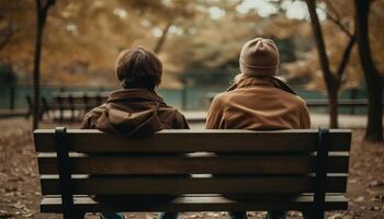 Father and son embrace in autumn forest, enjoying togetherness generated by AI photo