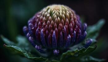 macro belleza en naturaleza un mojado púrpura flor cabeza cerca arriba generado por ai foto