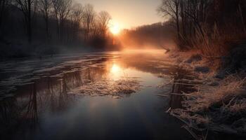 Tranquil scene of a forest pond at dusk in autumn generated by AI photo