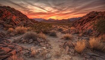 majestuoso montaña rango, tranquilo escena, belleza en naturaleza crepúsculo calor generado por ai foto