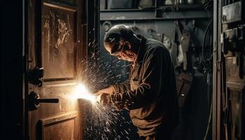 Expert metal worker welding steel with protective equipment indoors generated by AI photo