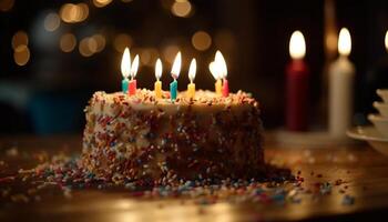 ardiente velas iluminar dulce cumpleaños postre con vibrante decoraciones generado por ai foto