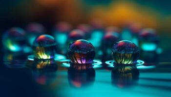 transparente cápsula gotas en agua, reflejando multi de colores resumen antecedentes generado por ai foto