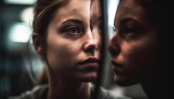 Beautiful young woman looking through dark window with sadness generated by AI photo