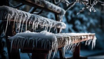 Frosty icicles hang from frozen tree branches in winter forest generated by AI photo