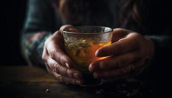 uno persona participación medio litro vaso a bar Bebiendo alcohol generado por ai foto