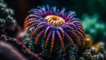 Multi colored fish swim among sharp coral in underwater paradise generated by AI photo