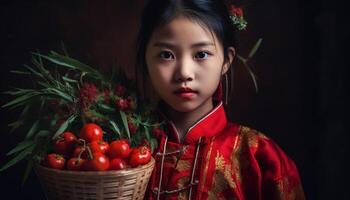 Cute girls in traditional Chinese dress smiling for the camera generated by AI photo