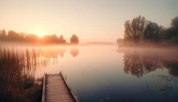 Silhouette of tree back lit by sunset over tranquil pond generated by AI photo