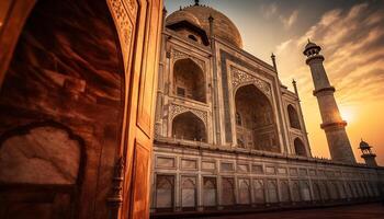 majestuoso mausoleo iluminado por atardecer, un espiritual viaje mediante historia generado por ai foto