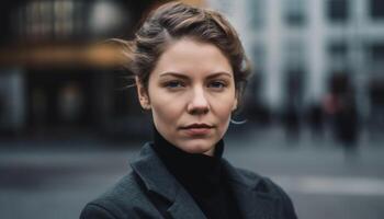 Young adult woman walking in the city with confidence and elegance generated by AI photo