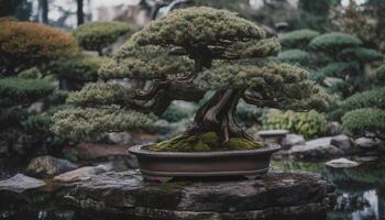 tranquilo escena de un mojado enebro árbol por un estanque generado por ai foto