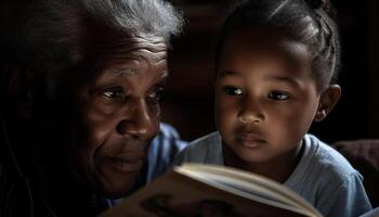 familia unión mediante leyendo abuelos, padres, y niños aprendizaje juntos generado por ai foto