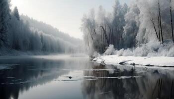 tranquilo escena de invierno bosque, reflexión en congelado estanque generado por ai foto
