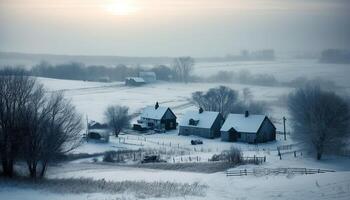 Tranquil winter landscape snow covered trees, frosty fence, and farmhouse generated by AI photo