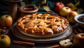 Homemade apple pie, a sweet indulgence on a rustic table generated by AI photo