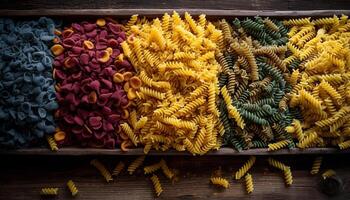 Healthy Italian pasta collection fusilli, macaroni, tagliatelle, bow tie generated by AI photo