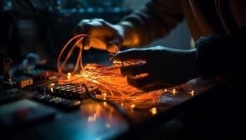 Expert technician repairing electrical equipment with glowing innovation indoors generated by AI photo