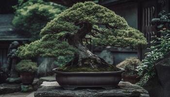 japonés pino árbol en antiguo pasado de moda cerámica trae tranquilidad a jardín generado por ai foto