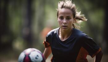 joven adulto atleta practicando fútbol al aire libre con confianza y determinación generado por ai foto