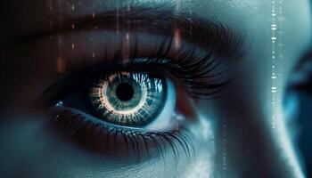 Young adult woman staring with blue cyborg eye in close up generated by AI photo