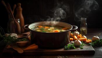 Rustic vegetable stew cooked on wood table with homemade bread generated by AI photo