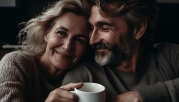 Smiling Caucasian couple enjoying coffee, love, and togetherness at home generated by AI photo