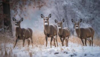 Horned deer standing in snow, looking at camera, tranquil portrait generated by AI photo