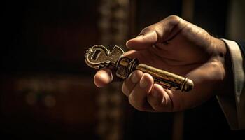 Hand holding antique key, unlocking mystery of success and spirituality generated by AI photo