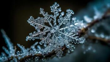 Abstract snowflake pattern on frozen pine tree branch in winter generated by AI photo