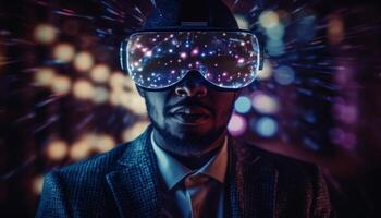 Futuristic businessman in virtual reality simulator with protective eyewear generated by AI photo