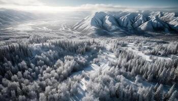 Majestic mountain range, tranquil scene, above horizon, winter wonderland generated by AI photo
