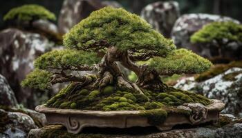 Green pine tree branch grows from old tree trunk outdoors generated by AI photo