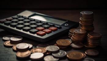 Stacks of coins and bills symbolize financial success and growth generated by AI photo