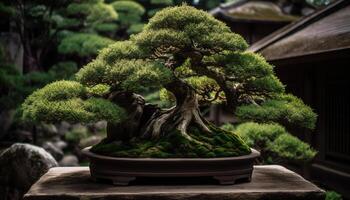 japonés cerámica decora pequeño pino árbol en tranquilo jardín escena generado por ai foto