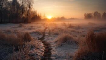 Tranquil scene Sunrise over frozen meadow, frost on grass generated by AI photo