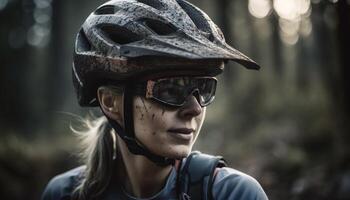 uno mujer ciclismo en el bosque, disfrutando un aventuras al aire libre generado por ai foto