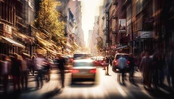 Busy city street at dusk, blurred motion, illuminated skyscrapers generated by AI photo