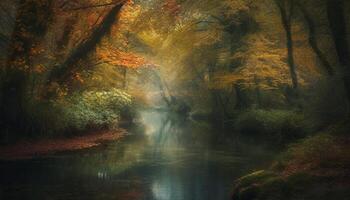 Tranquil autumn forest reflects vibrant colors in tranquil pond generated by AI photo