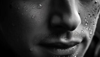 Young adult woman smiling, wet with raindrop on face generated by AI photo