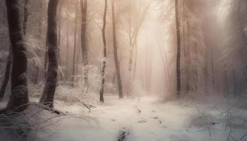 Tranquil scene of winter forest, beauty in nature mystery generated by AI photo