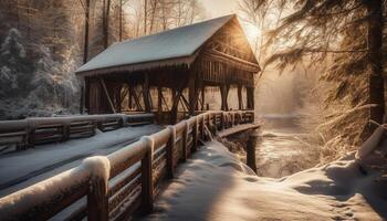 Rustic log cabin in tranquil forest, surrounded by autumn beauty generated by AI photo