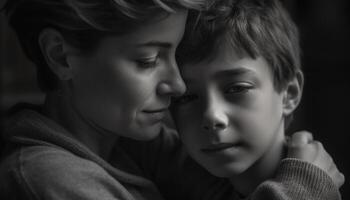 dos linda Niños abrazando en un negro y blanco retrato generado por ai foto