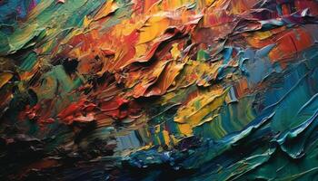 Vibrant colors mix in chaotic brush strokes for abstract acrylic painting generated by AI photo